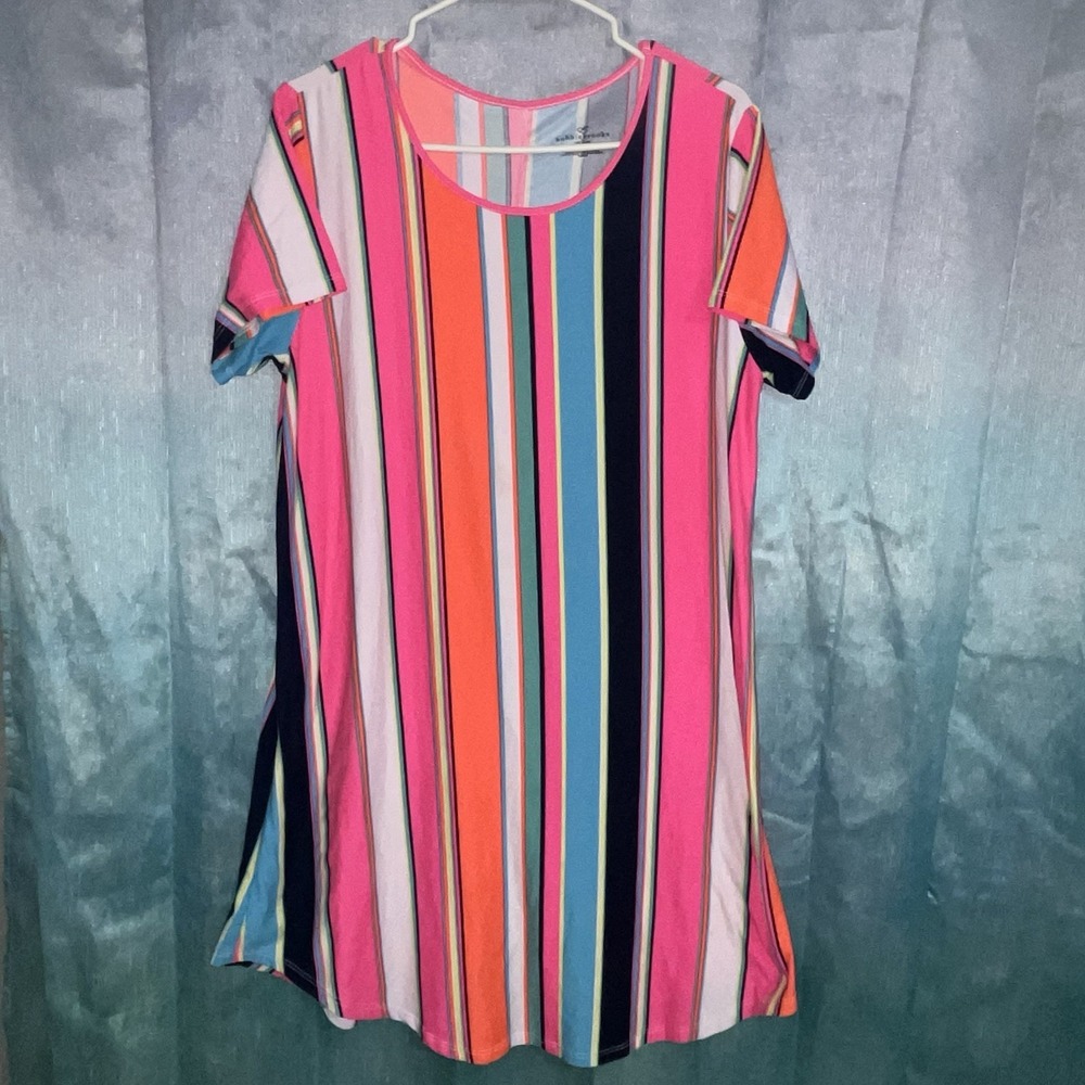 Women's XL Neon Dress Bobbie Brooks Colorful Striped T-shirt Dress Soft